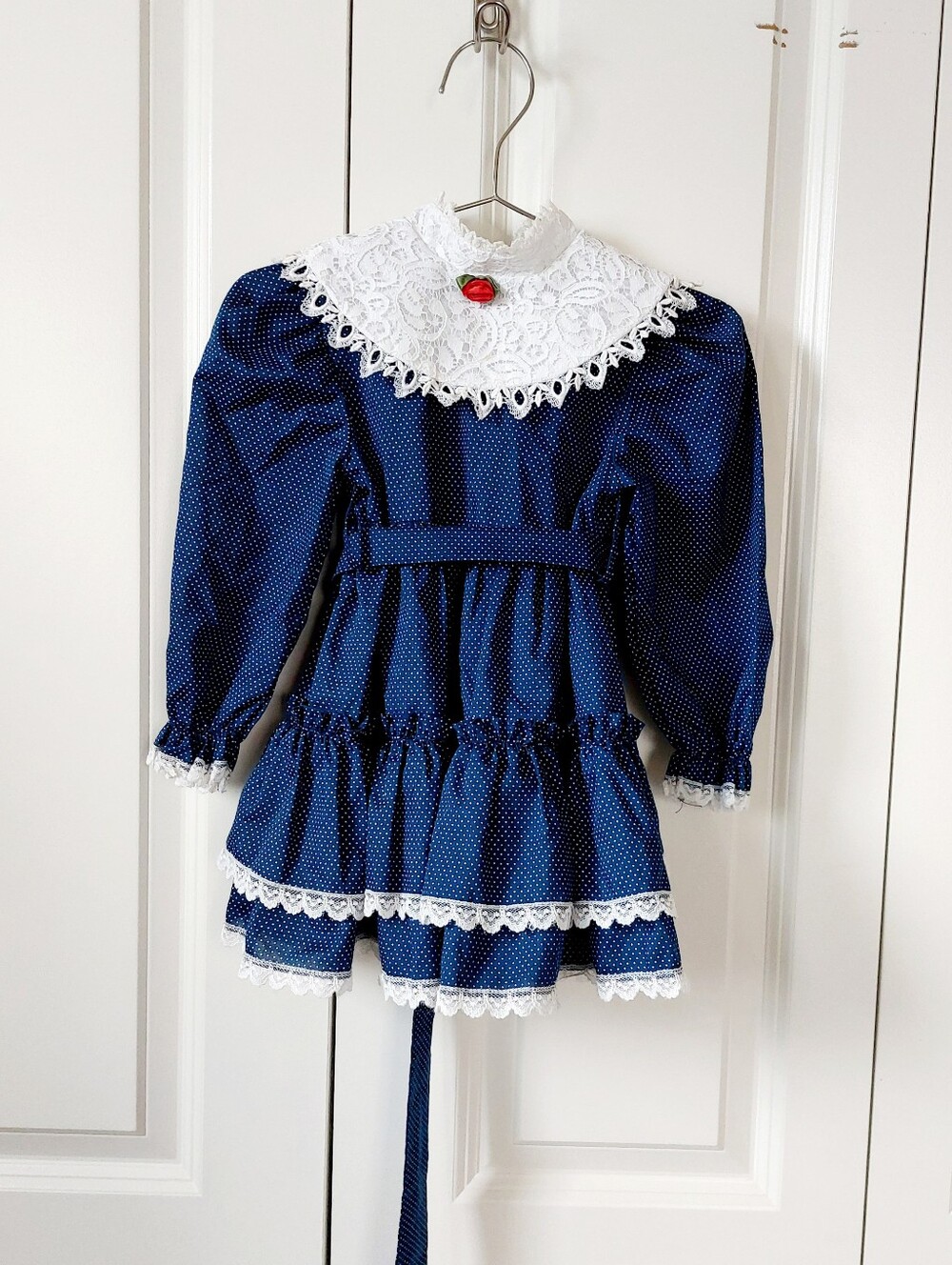 VTG 80s Toddler Navy Blue Polka Dot & Lace Ruffled Baby Dress Bryan "T3" Cottage